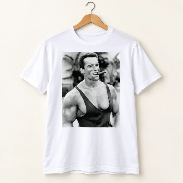 Studio view of a T-shirt with black and white Arnold Schwarzenegger photograph wearing a training vest