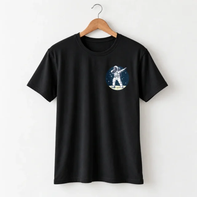 Black short-sleeved T-shirt with Black Dabbing Astronaut Chest Print design on a hanger
