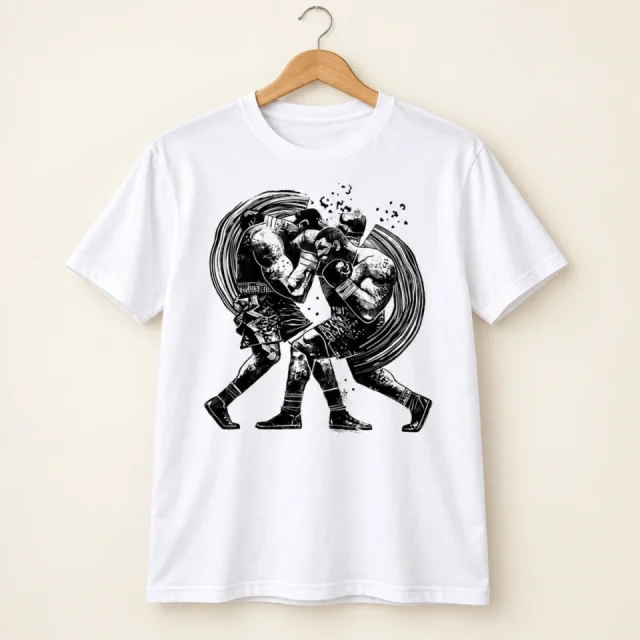 Studio view of a T-shirt with two monochrome illustrated boxing fighters with curved graphic lines