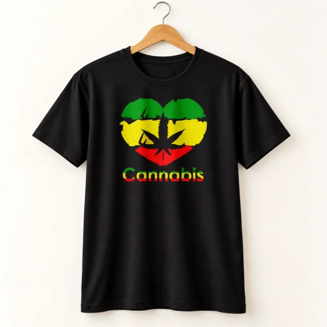 Studio view of a T-shirt with green yellow and red lips with a cannabis leaf and Cannabis lettering