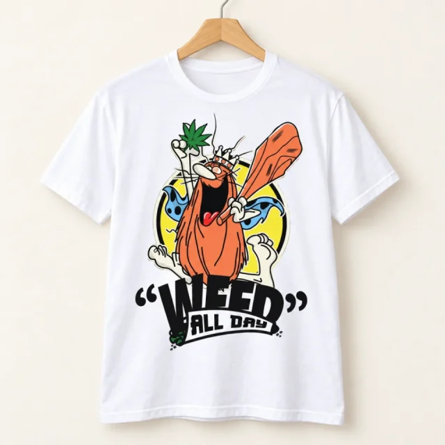 Studio view of a T-shirt with cartoon caveman with a club and Weed All Day lettering
