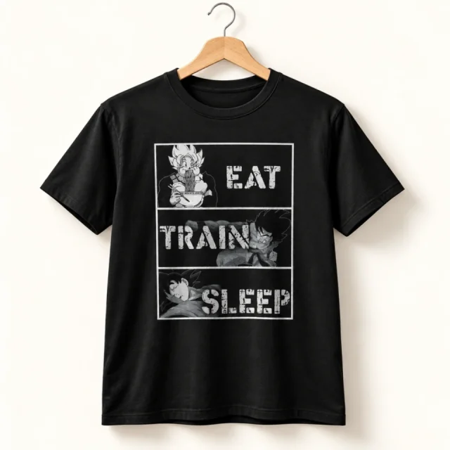 Studio view of a T-shirt with stacked Eat Train Sleep lettering in a distressed rectangular graphic