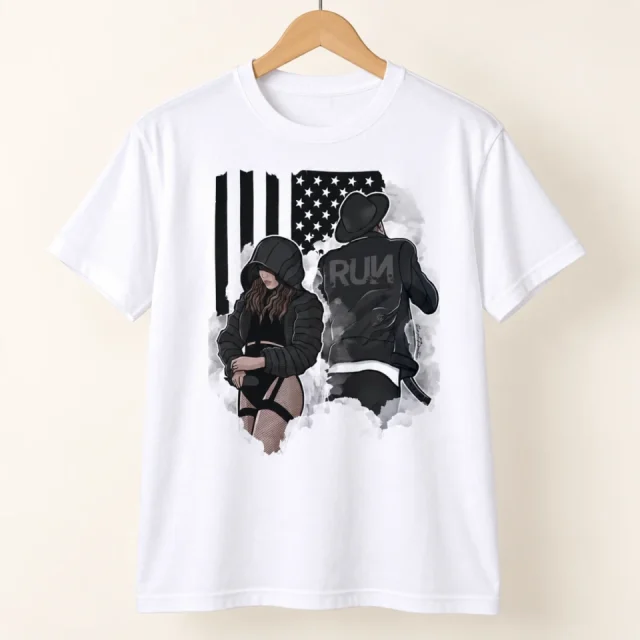 Studio view of a T-shirt with two monochrome figures with RUN lettering and a star-striped flag graphic