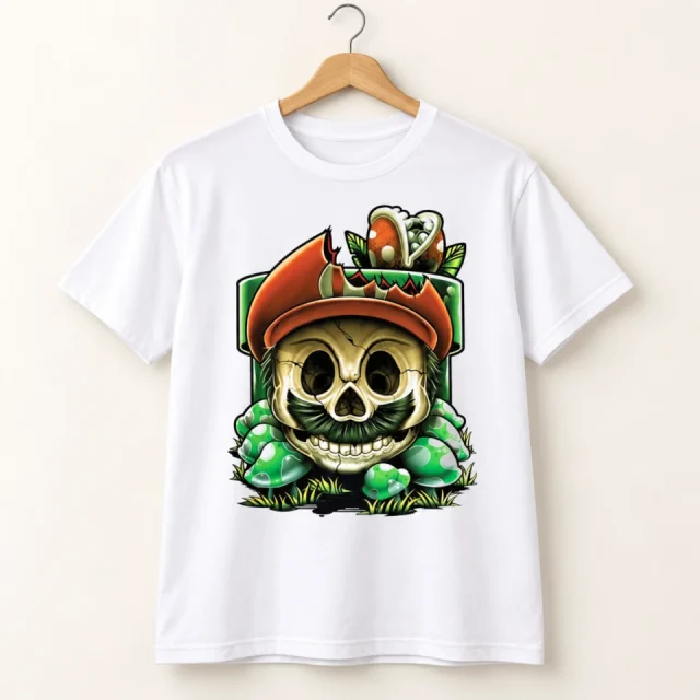 Studio view of a T-shirt with colourful skull character with a red cap and green shell details