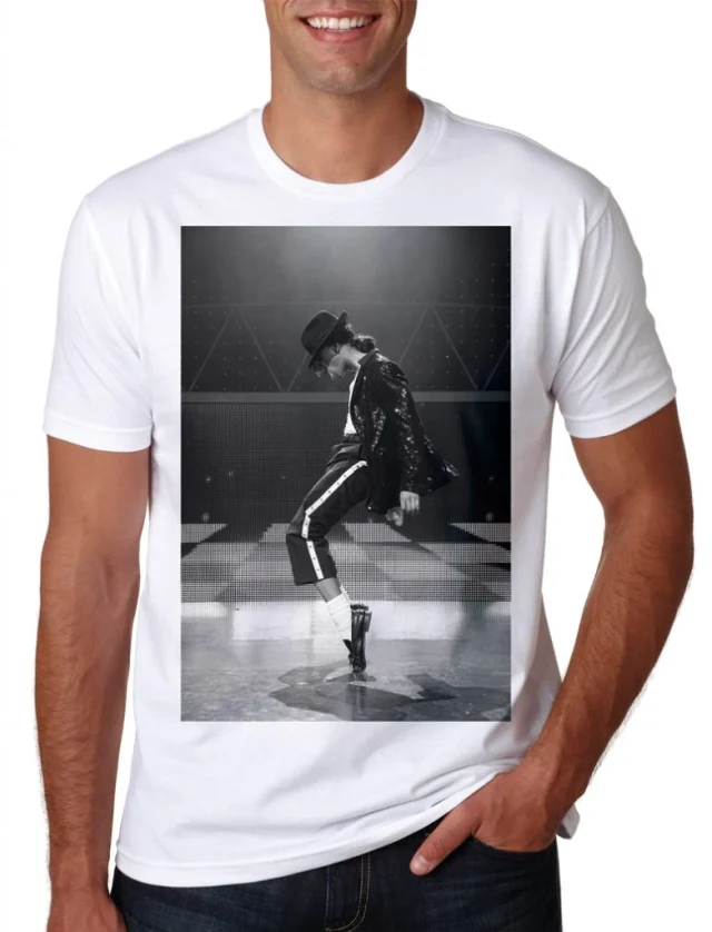 T-shirt with black and white Michael Jackson stage performance photograph