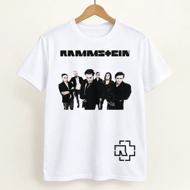 Studio view of a T-shirt with rammstein lettering above a monochrome band photograph