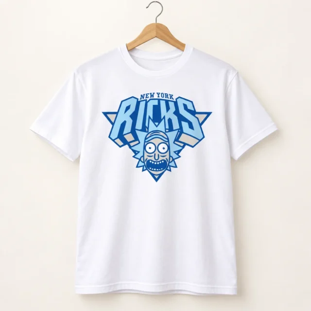 Studio view of a T-shirt with blue basketball-style crest with Rick lettering and a cartoon face