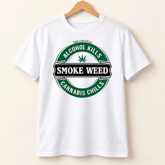 Studio view of a T-shirt with green black and white circular Smoke Weed slogan badge