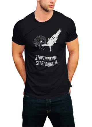 Stop Thinking Start Drinking T Shirt Party Motivation Tee Black Weeked Brain — alternate view