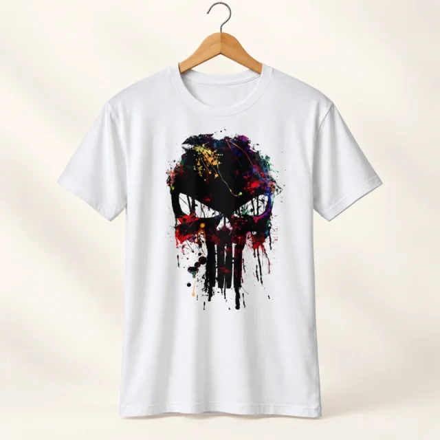 Studio view of a T-shirt with distressed dark skull graphic with red white and blue flag-style details