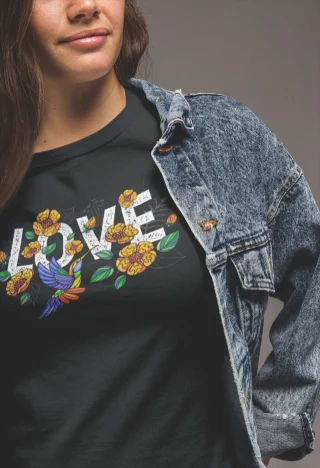 Love Flowers Black Tshirt for Women Slogan Text Colibri Bird — alternate view