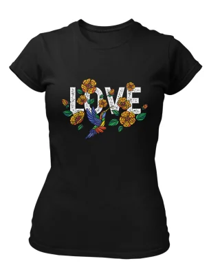 Love Flowers Black Tshirt for Women  Slogan Text Colibri Bird