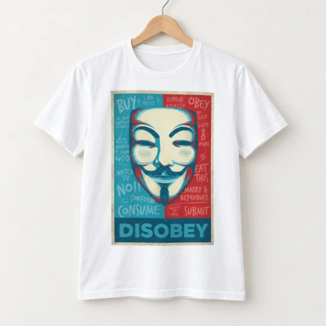 White short-sleeved T-shirt with Anonymous Disobey Graphic design on a hanger