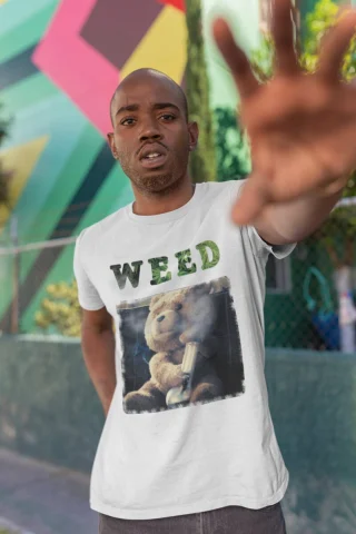 Teddy Ted Bear Mens Wellcoda Psycho Sinner Graphic T-Shirt Cannabis THC Cbd Cross Green Love Peace S M L XL XXL — alternate view