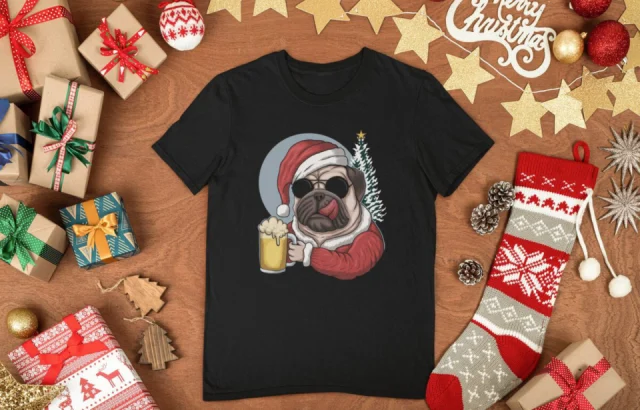 Funny Christmas T-Shirt Merry Pugmas Beer Pug Santa Reindeer S M L XL XXL Gift