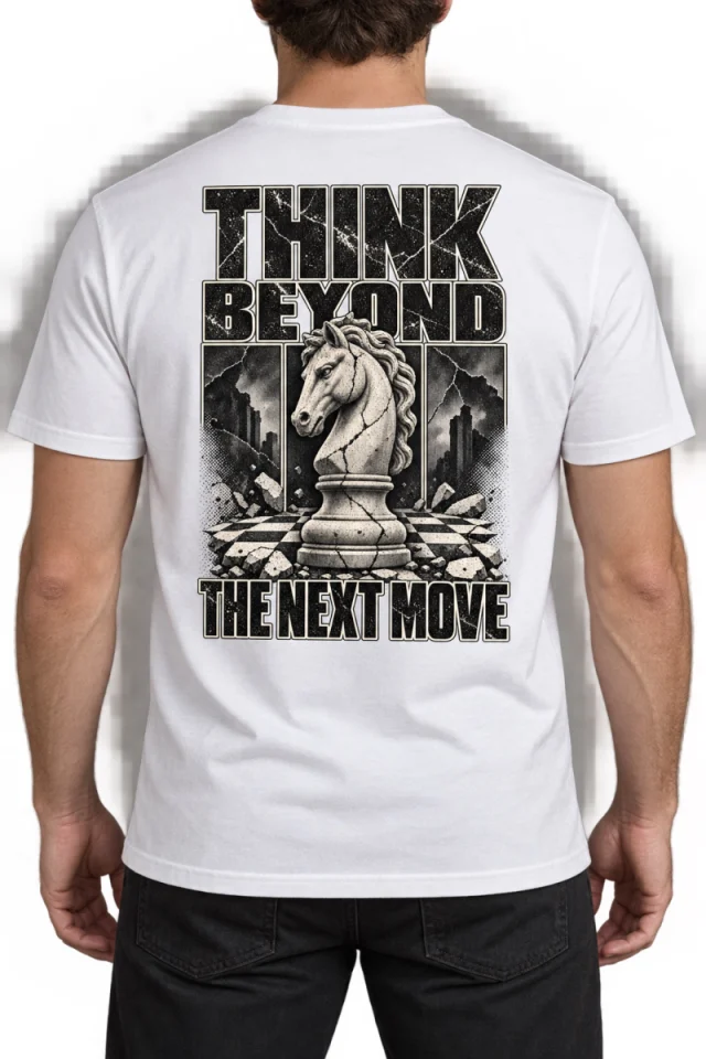 White T-shirt with the Think Beyond the Next Move chess knight design, back view.