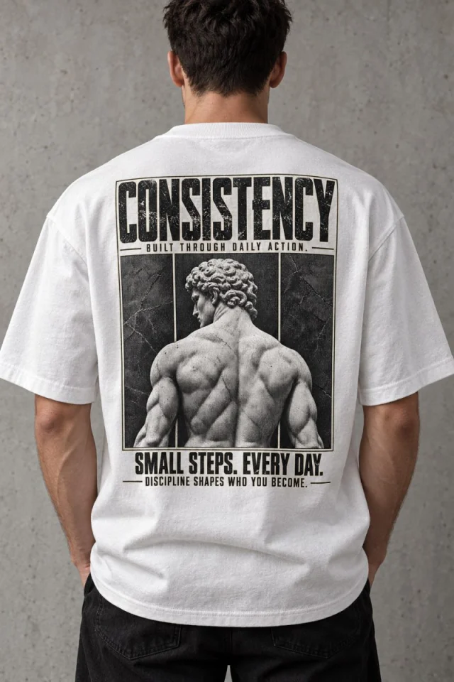 White Consistency T-shirt with classical statue back print, back view.