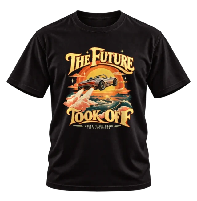 Black T-shirt with the The Future Took Off front illustration