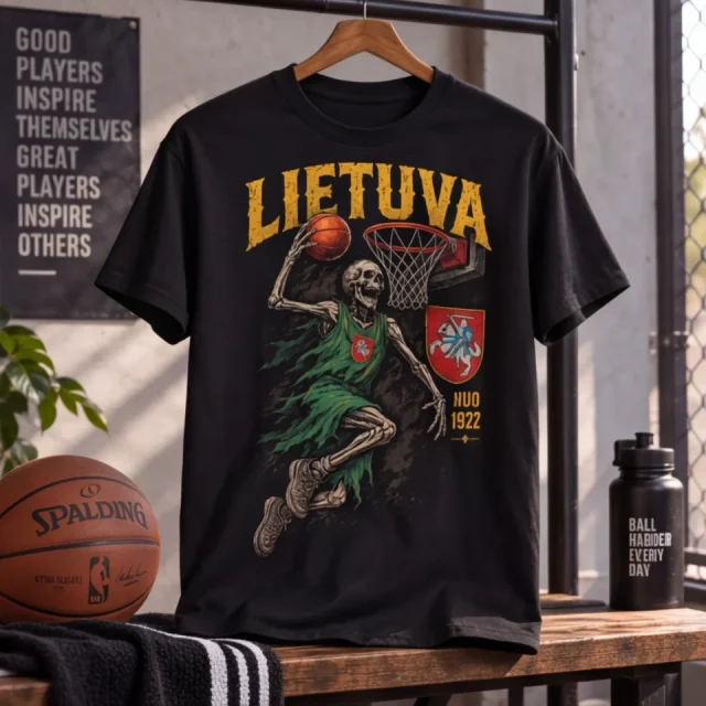 Front view of a black Lietuva T-shirt with a skeleton basketball player and yellow lettering