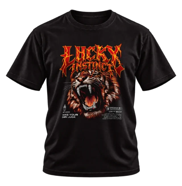 Black T-shirt with Lucky Instinct gothic lettering and a roaring tiger graphic on the front