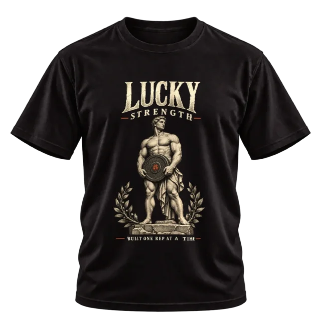 Black T-shirt with the Lucky Strength classical athlete and weight plate front print
