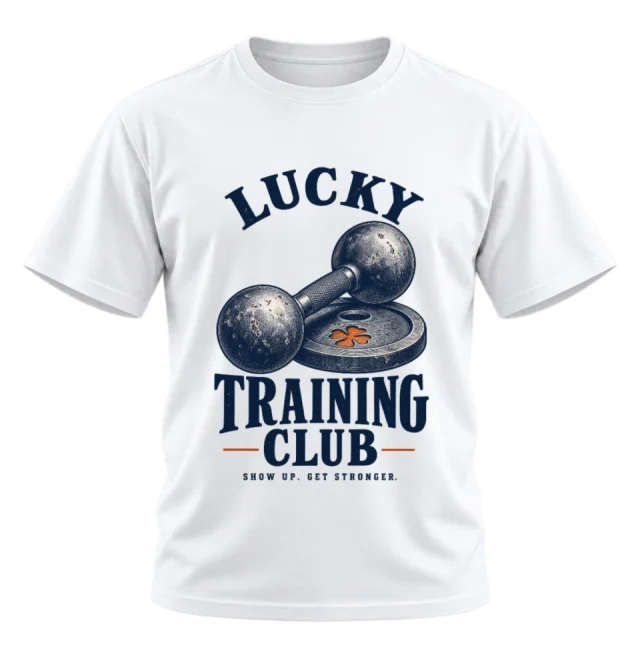 White T-shirt with the Lucky Training Club vintage dumbbell front print