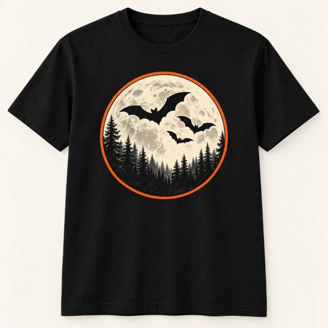 Midnight Moon & Bats Halloween T-Shirt on a black tee – digital visualisation