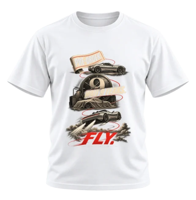White T-shirt with the Pre-order. Wait. Fly. front illustration
