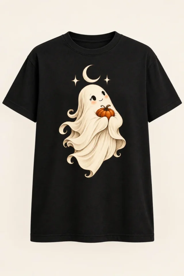 Pumpkin Ghost Halloween T-Shirt on a black tee – digital visualisation