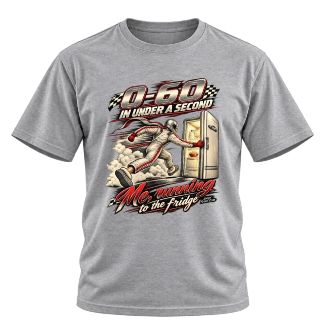 Grey T-shirt with the Running to the Fridge front illustration